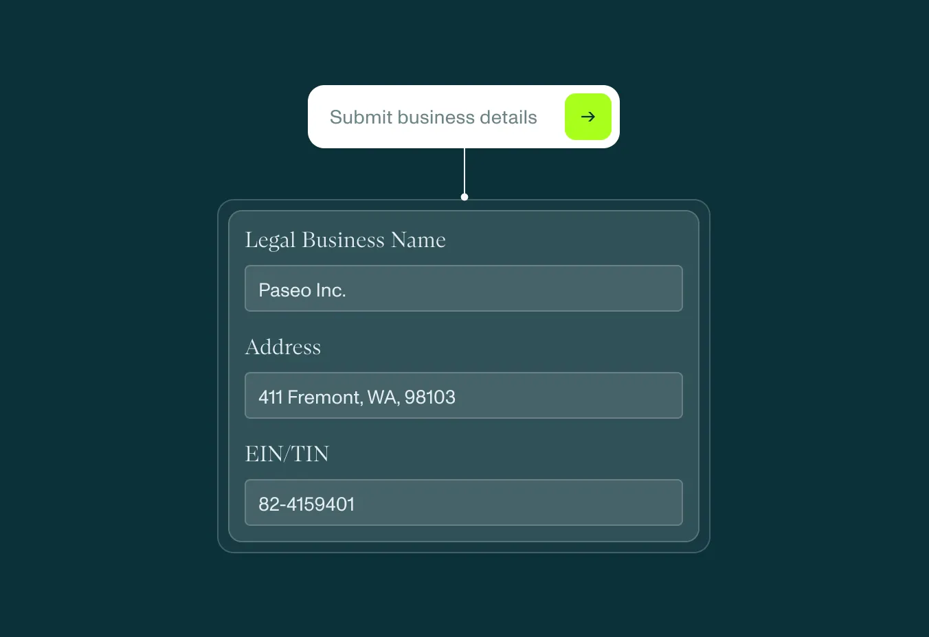 User inputs the business name, address, EIN/TIN, and any additional details needed within the Middesk product for verification.