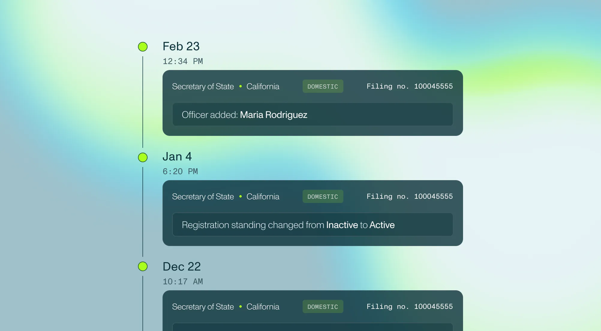 One chronological view of all SOS changes. Reveal shelf companies, synthetic identities, and fraud p